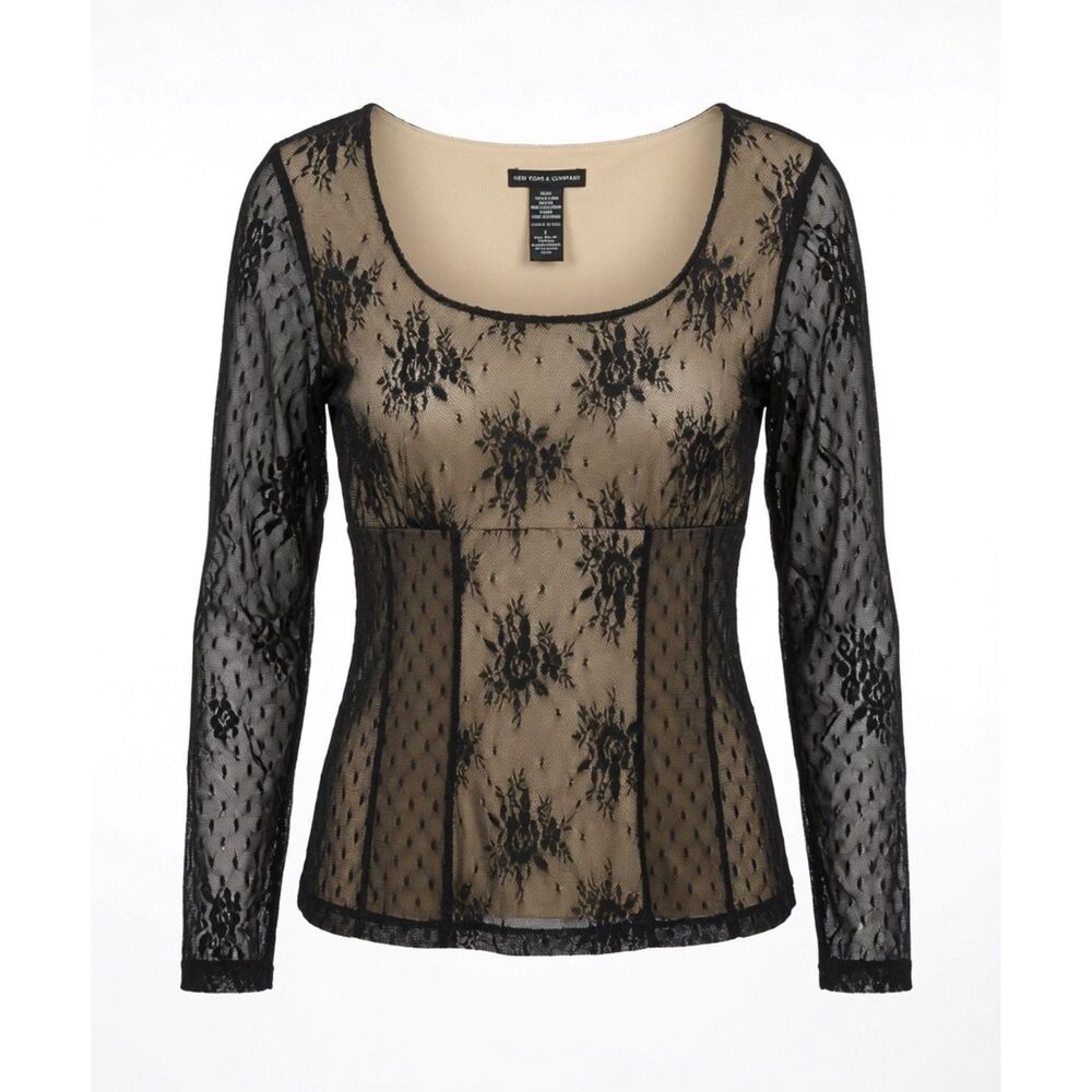 New York & Company Size L Whimsigoth Black Floral Romantic Illusion Lace Blouse